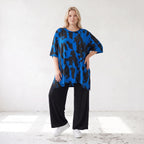 Damen Shirt Lagenlook Baumwolle Blau/Schwarz, A-Linie, Kurzarm, Seitenschlitze, Oversize große Größen – Funky Diva