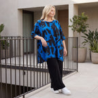 Damen Shirt Lagenlook Baumwolle Blau/Schwarz, A-Linie, Kurzarm, Seitenschlitze, Oversize große Größen – Funky Diva