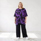 Damen Shirt Lagenlook Baumwolle Violett/Schwarz, A-Linie, Kurzarm, Seitenschlitze, Oversize große Größen – Funky Diva