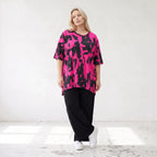 Damen Shirt Lagenlook Baumwolle Pink/Schwarz, A-Linie, Kurzarm, Seitenschlitze, Oversize große Größen – Funky Diva