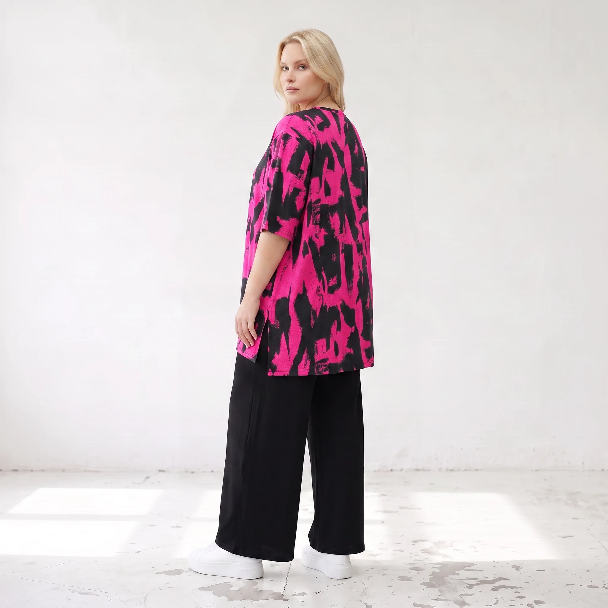 Damen Shirt Lagenlook Baumwolle Pink/Schwarz, A-Linie, Kurzarm, Seitenschlitze, Oversize große Größen – Funky Diva