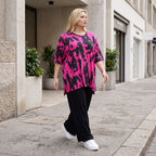 Damen Shirt Lagenlook Baumwolle Pink/Schwarz, A-Linie, Kurzarm, Seitenschlitze, Oversize große Größen – Funky Diva