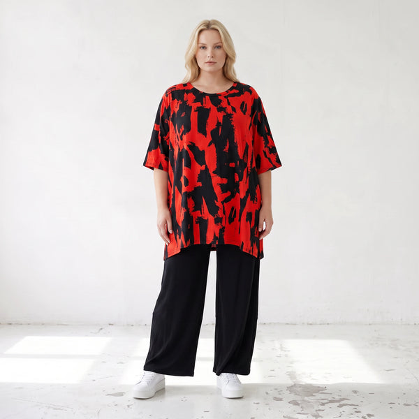 Damen Shirt Lagenlook Baumwolle Rot/Schwarz, A-Linie, Kurzarm, Seitenschlitze, Oversize große Größen – Funky Diva