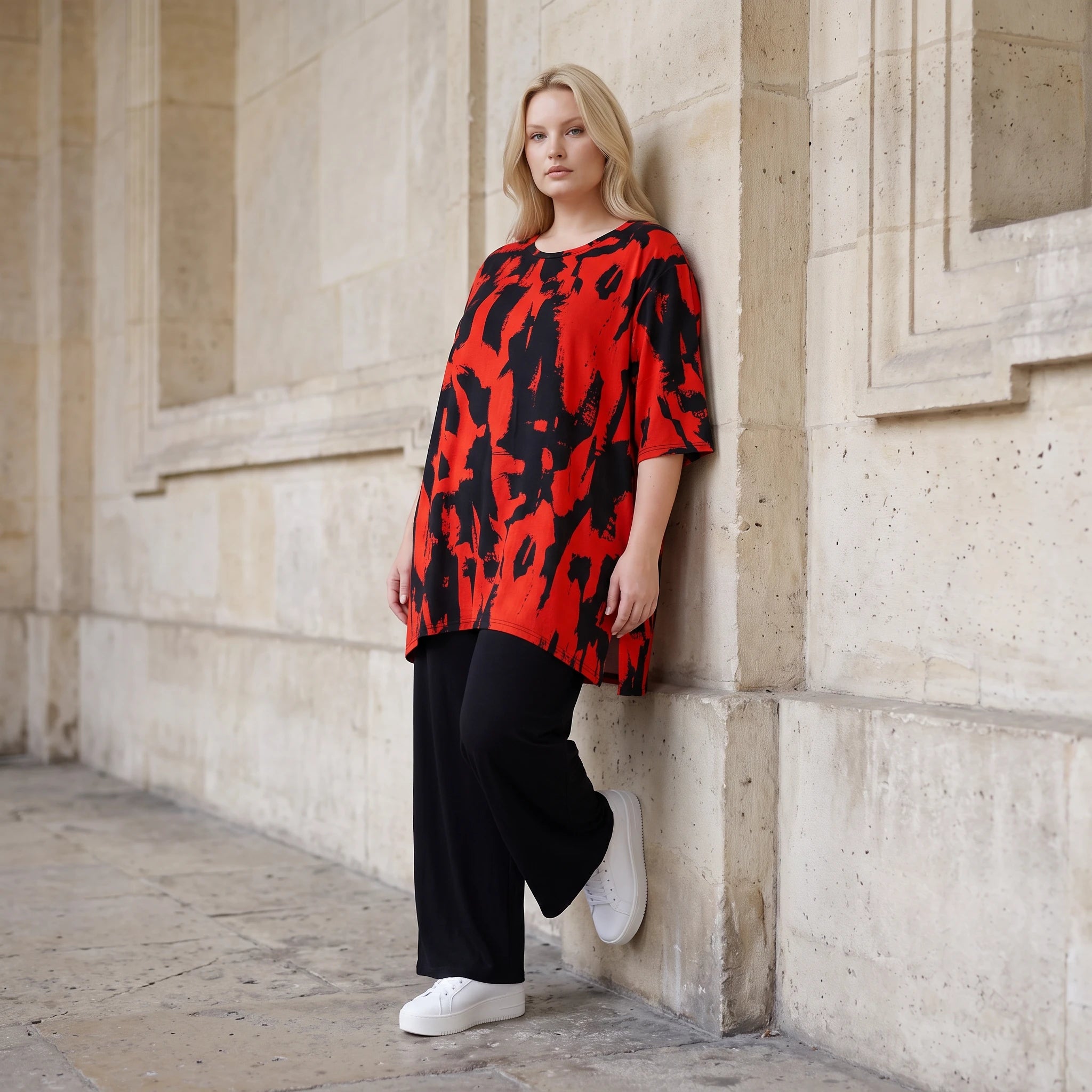 Damen Shirt Lagenlook Baumwolle Rot/Schwarz, A-Linie, Kurzarm, Seitenschlitze, Oversize große Größen – Funky Diva
