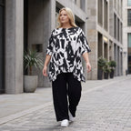 Damen Shirt Lagenlook Baumwolle Schwarz/Weiß, A-Linie, Kurzarm, Seitenschlitze, Oversize große Größen – Funky Diva