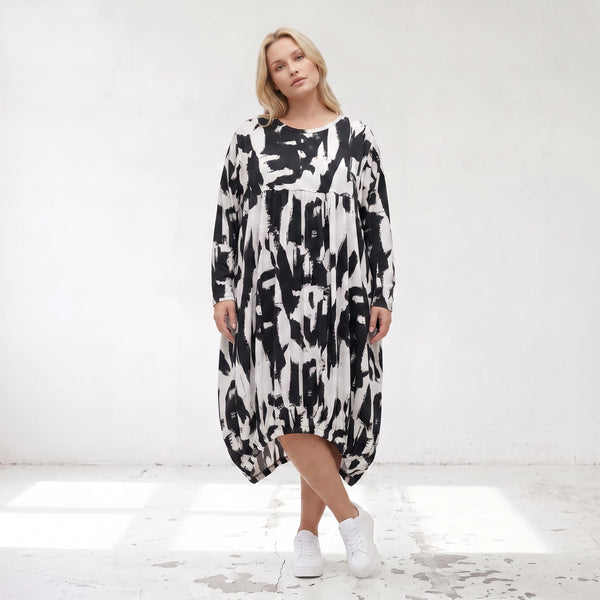 Damen Kleid Lagenlook Baumwolle Schwarz/Weiß, Ballonform, Elastikbund, Oversize große Größen – Funky Diva