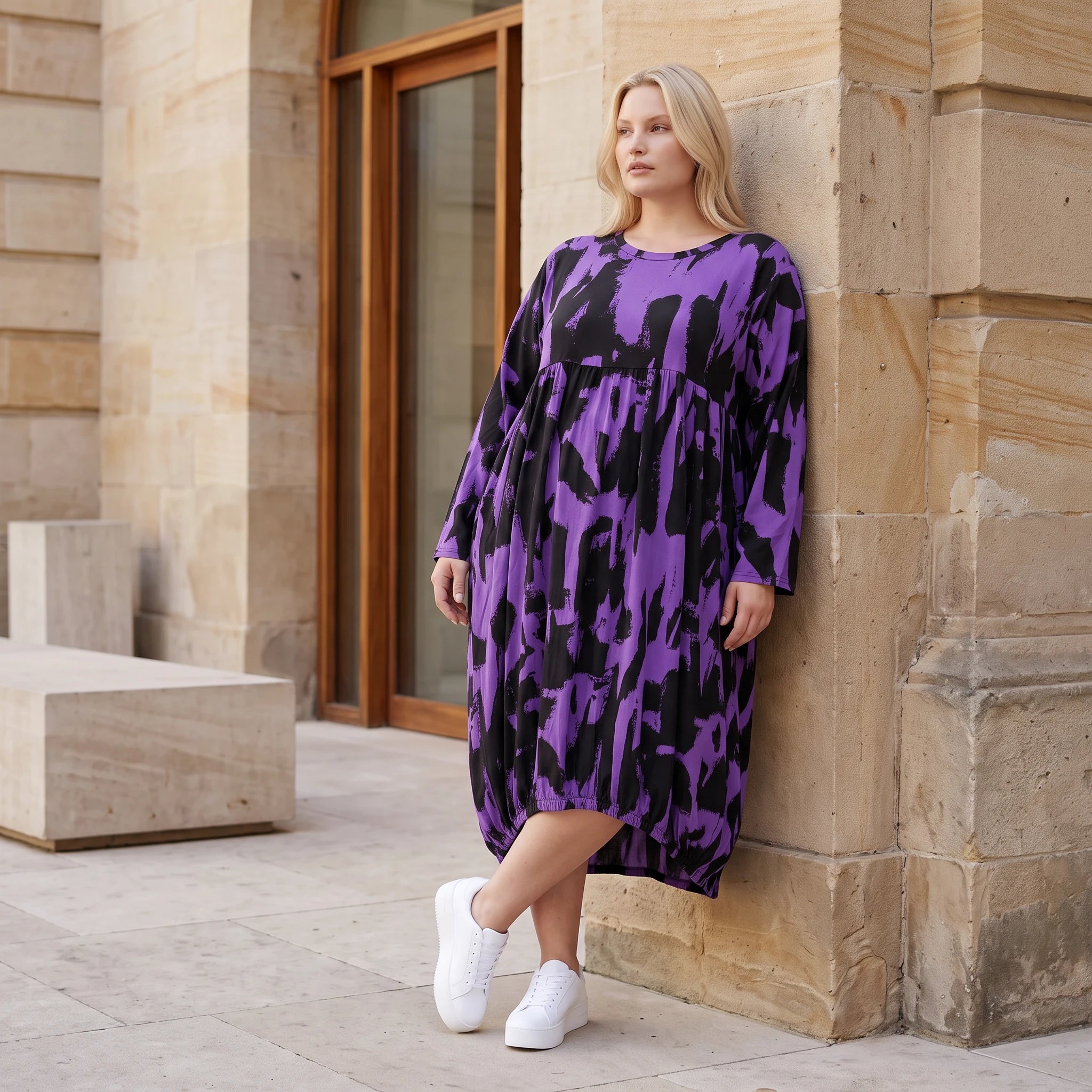 Damen Kleid Lagenlook Baumwolle Schwarz/Violett, Ballonform, Langarm, Flügeltaschen, Oversize große Größen – Funky Diva