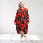 Damen Kleid Lagenlook Baumwolle Rot/Schwarz, Ballonform, Flügeltaschen, Oversize große Größen – Funky Diva
