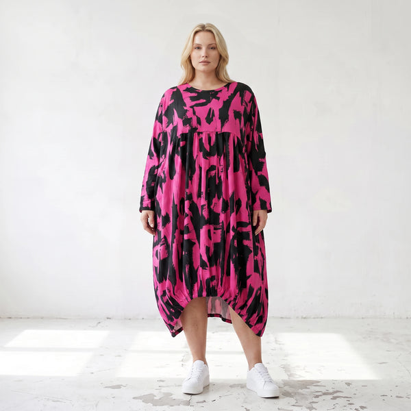 Damen Kleid Lagenlook Baumwolle Pink/Schwarz, Ballonform, Elastikbund, Oversize große Größen – Funky Diva