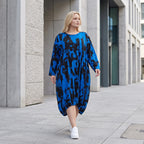 Damen Kleid Lagenlook Baumwolle Blau/Schwarz, Ballonform, Flügeltaschen, Oversize große Größen – Funky Diva