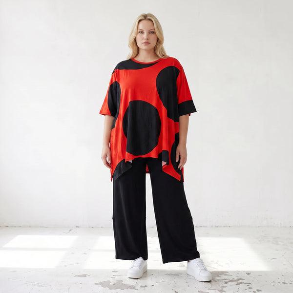 Damen Shirt Lagenlook Baumwolle Rot/Schwarz, A-Linie, Punkte, Kurzarm, Seitenschlitze, Oversize große Größen – Funky Diva