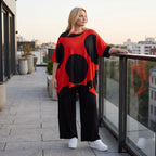 Damen Shirt Lagenlook Baumwolle Rot/Schwarz, A-Linie, Punkte, Kurzarm, Seitenschlitze, Oversize große Größen – Funky Diva