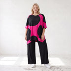 Damen Shirt Lagenlook Baumwolle Pink/Schwarz, A-Linie, Punkte, Kurzarm, Seitenschlitze, Oversize große Größen – Funky Diva