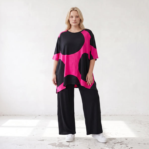 Damen Shirt Lagenlook Baumwolle Pink/Schwarz, A-Linie, Punkte, Kurzarm, Seitenschlitze, Oversize große Größen – Funky Diva