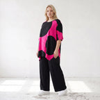 Damen Shirt Lagenlook Baumwolle Pink/Schwarz, A-Linie, Punkte, Kurzarm, Seitenschlitze, Oversize große Größen – Funky Diva