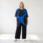 Damen Shirt Lagenlook Baumwolle Blau/Schwarz, A-Linie, Punkte, Kurzarm, Oversize große Größen – Funky Diva