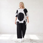 Damen Shirt Lagenlook Baumwolle Schwarz/Weiß, A-Linie, Punkte, Kurzarm, Seitenschlitze, Oversize große Größen – Funky Diva