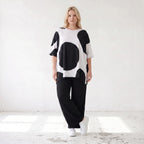 Damen Shirt Lagenlook Baumwolle Schwarz/Weiß, A-Linie, Punkte, Kurzarm, Seitenschlitze, Oversize große Größen – Funky Diva