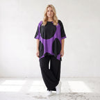 Damen Shirt Lagenlook Baumwolle Lila/Schwarz, A-Linie, Kurzarm, Seitenschlitze, Oversize große Größen – Funky Diva