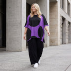 Damen Shirt Lagenlook Baumwolle Lila/Schwarz, A-Linie, Kurzarm, Seitenschlitze, Oversize große Größen – Funky Diva