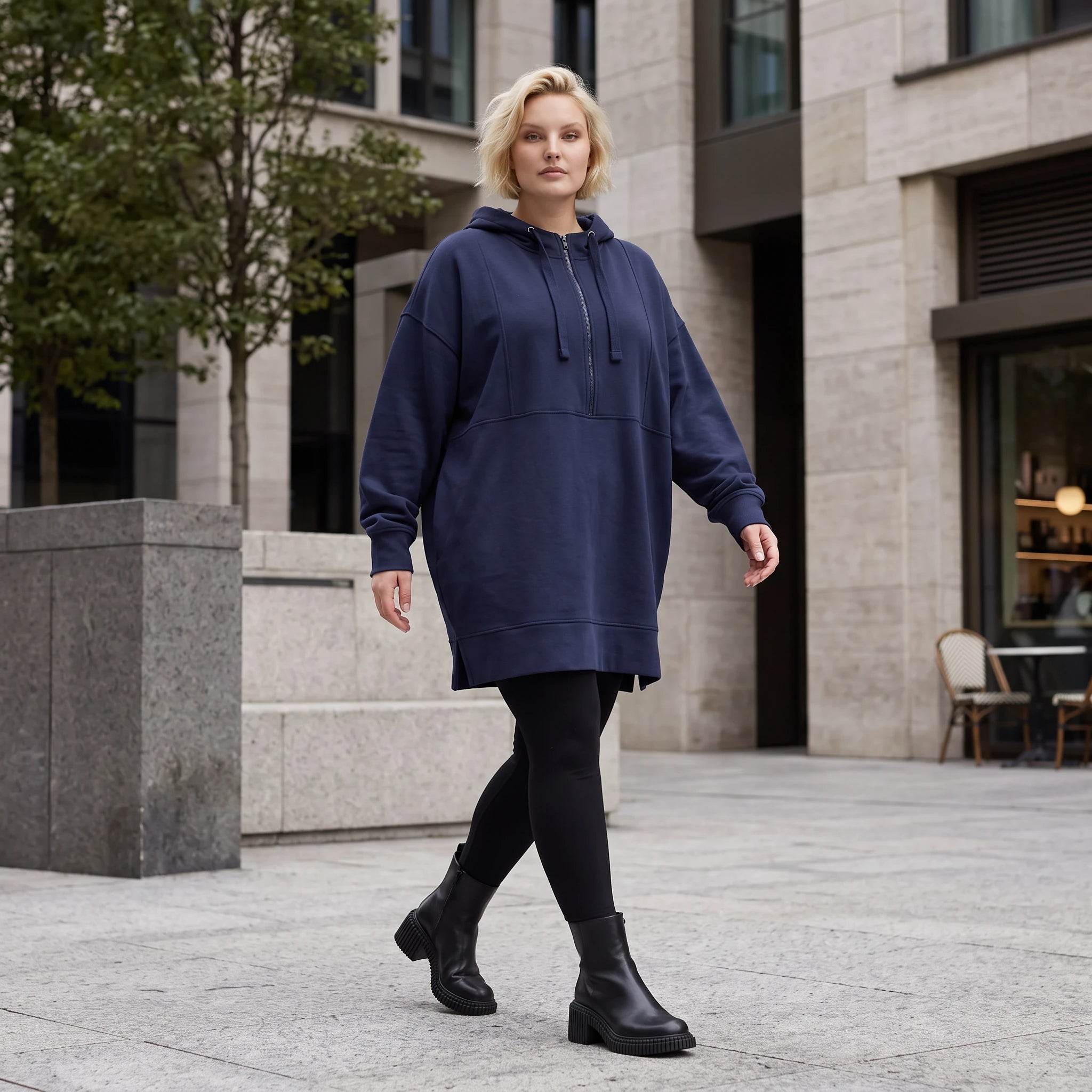 Damen Hoody Lagenlook Baumwolle Blau, gerader Schnitt, Kapuze, Oversize große Größen – Rafay