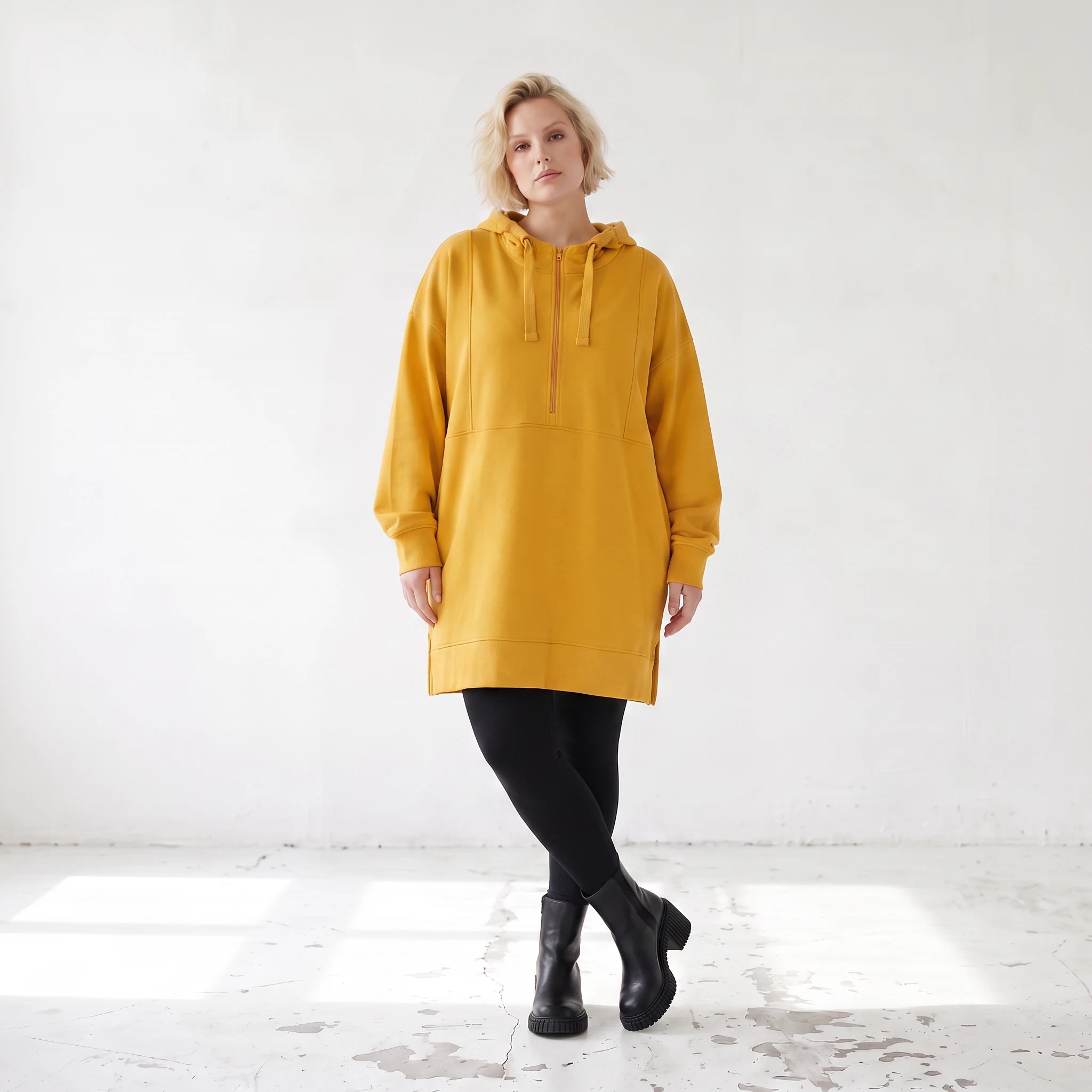 Damen Hoody Lagenlook Baumwolle Gelb, gerader Schnitt, Kapuze, Oversize große Größen – Rafay