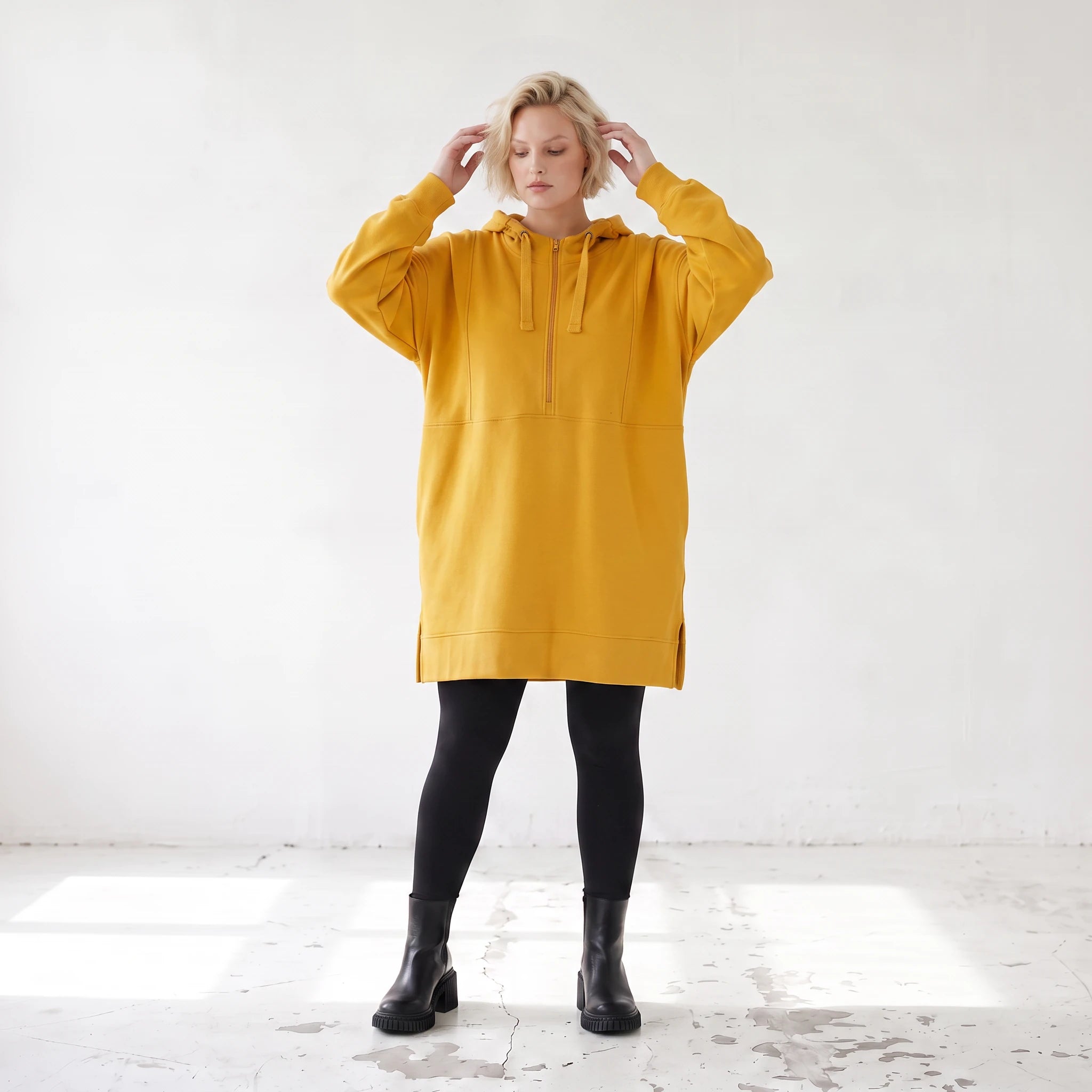 Damen Hoody Lagenlook Baumwolle Gelb, gerader Schnitt, Kapuze, Oversize große Größen – Rafay