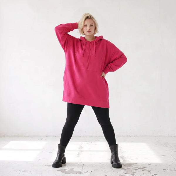 Damen Hoody Lagenlook Baumwolle Pink, gerader Schnitt, Reißverschluss, Oversize große Größen – Rafay