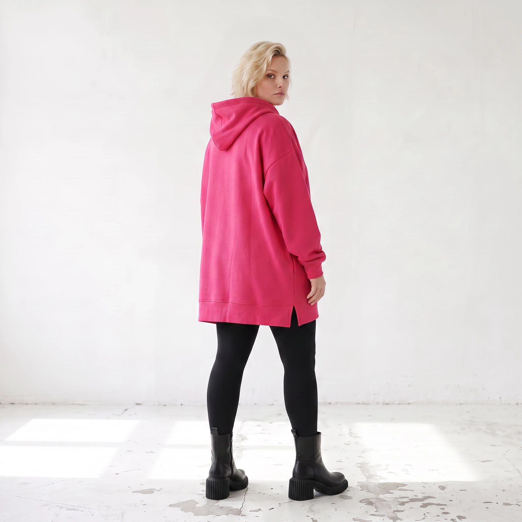 Damen Hoody Lagenlook Baumwolle Pink, gerader Schnitt, Reißverschluss, Oversize große Größen – Rafay