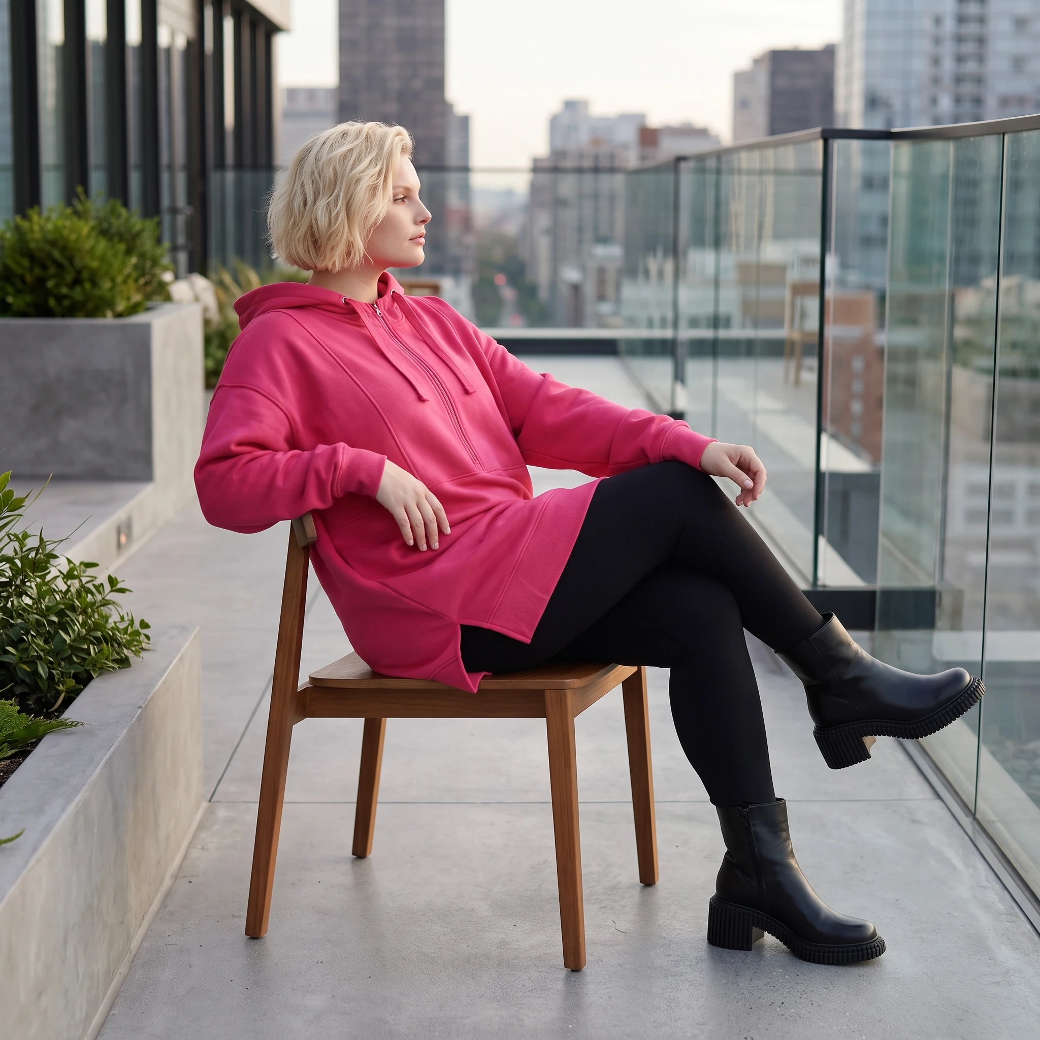 Damen Hoody Lagenlook Baumwolle Pink, gerader Schnitt, Reißverschluss, Oversize große Größen – Rafay