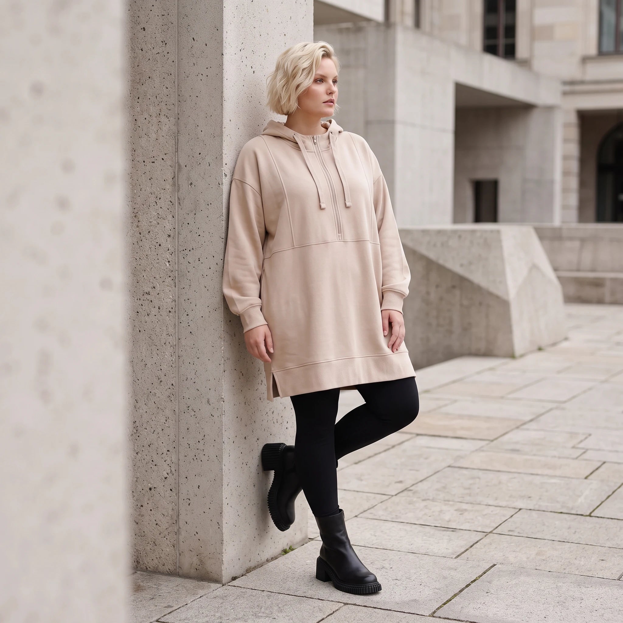 Damen Hoody Lagenlook Baumwolle Beige, gerader Schnitt, Kapuze, Oversize große Größen – Rafay