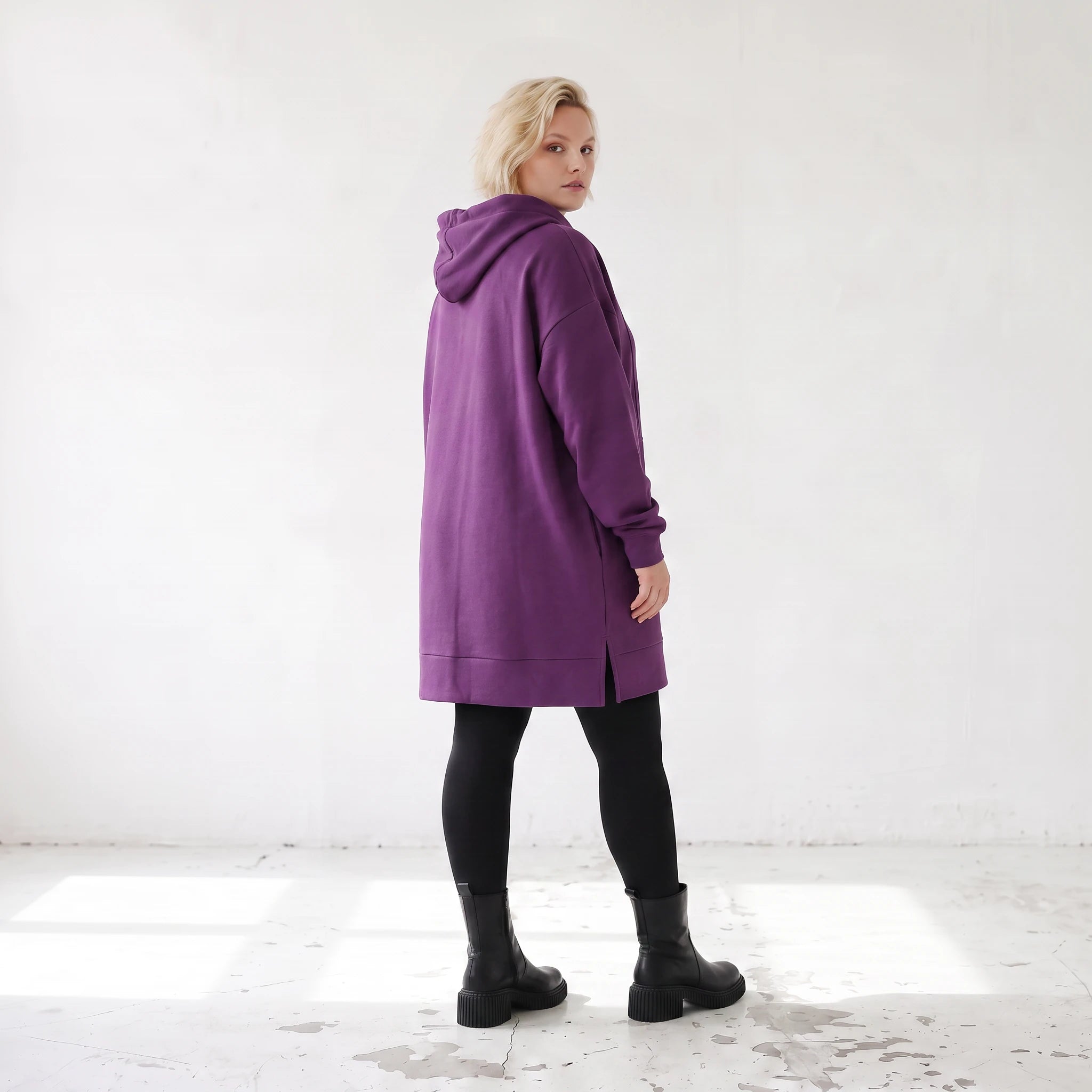 Damen Hoody Lagenlook Baumwolle Lila, gerader Schnitt, Reißverschluss, Oversize große Größen – Rafay