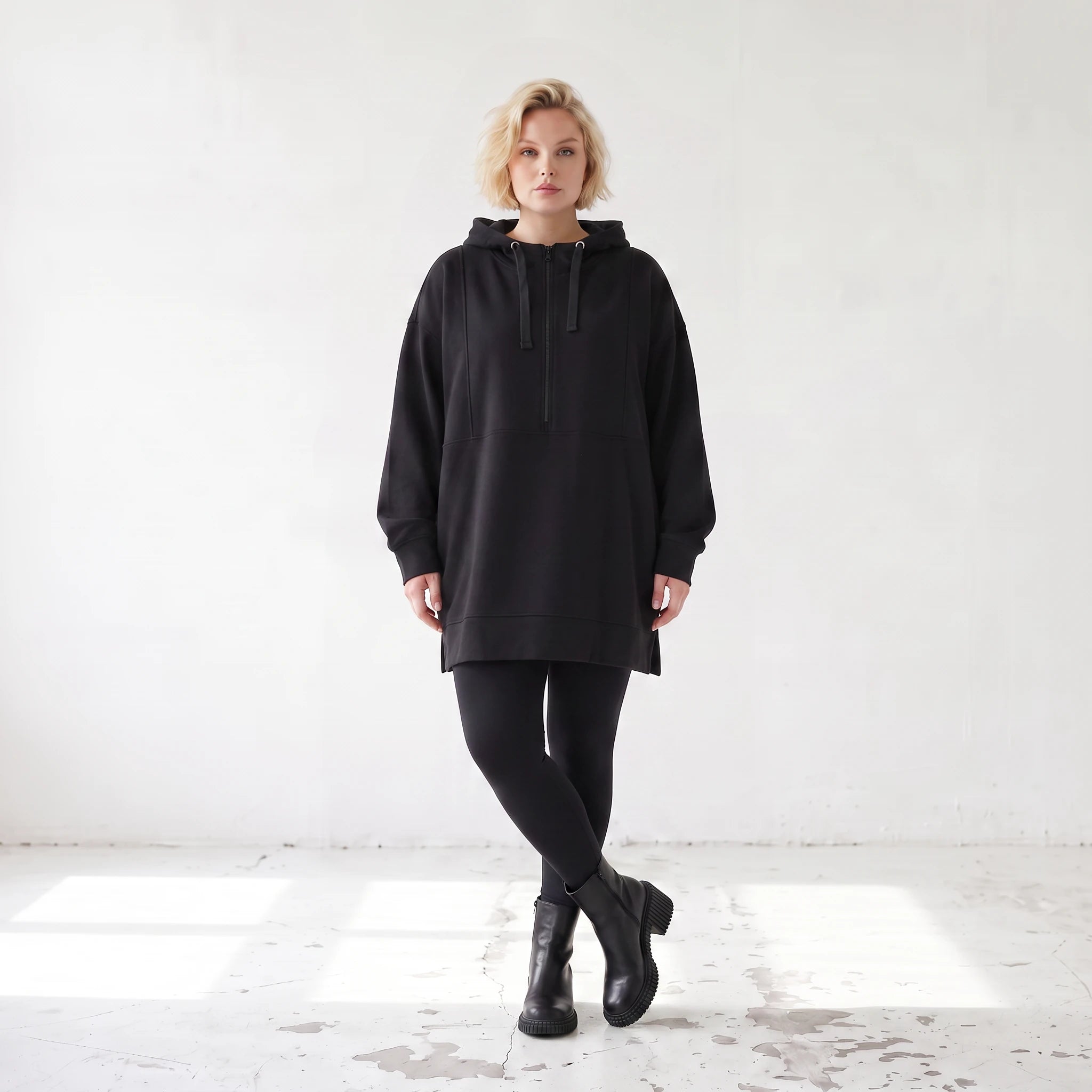 Damen Hoody Lagenlook Baumwolle Schwarz, gerader Schnitt, Reißverschluss, Oversize große Größen – Rafay