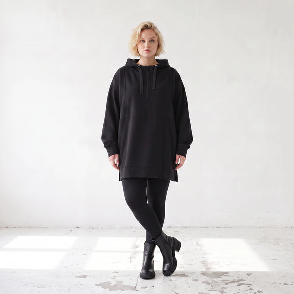 Damen Hoody Lagenlook Baumwolle Schwarz, gerader Schnitt, Reißverschluss, Oversize große Größen – Rafay
