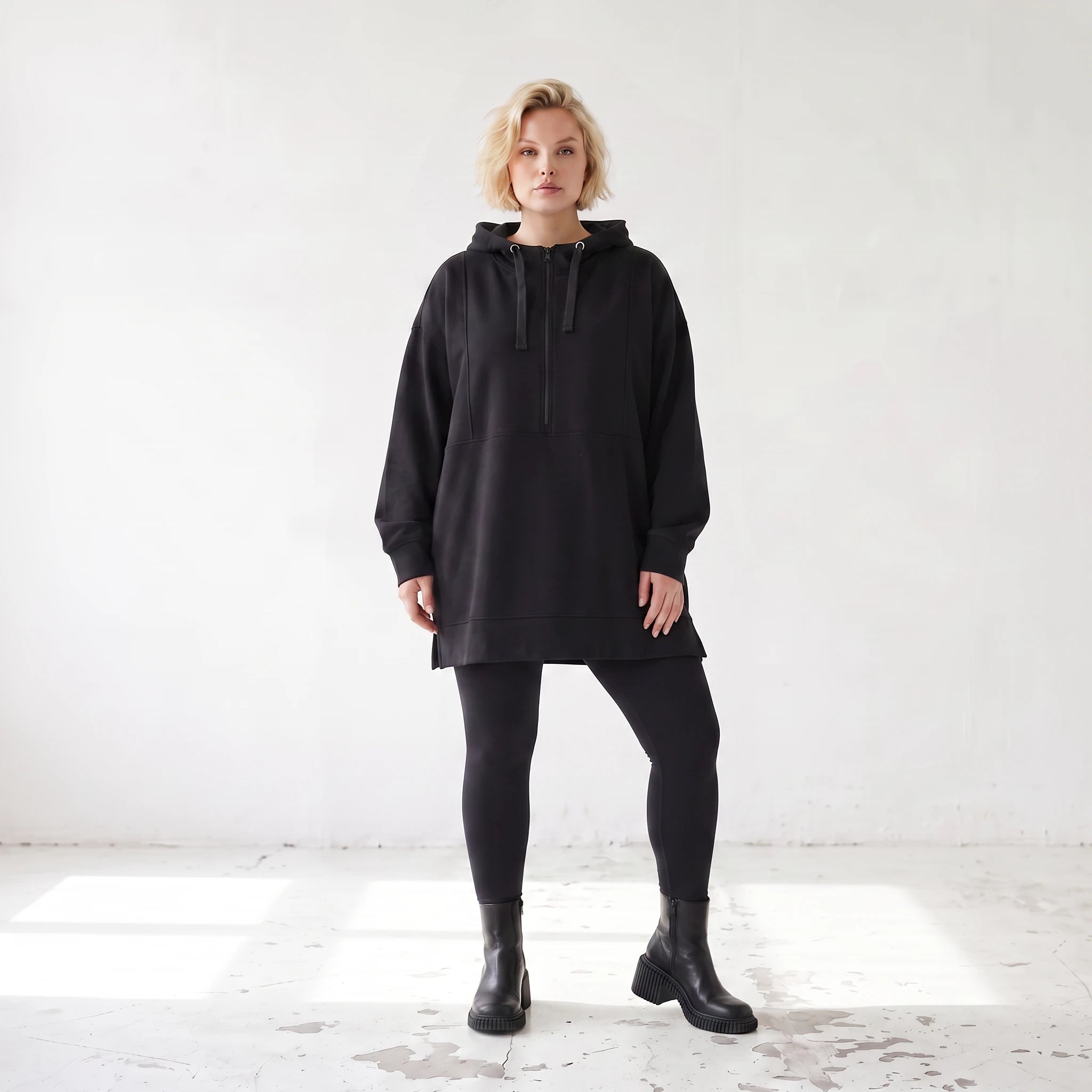 Damen Hoody Lagenlook Baumwolle Schwarz, gerader Schnitt, Reißverschluss, Oversize große Größen – Rafay