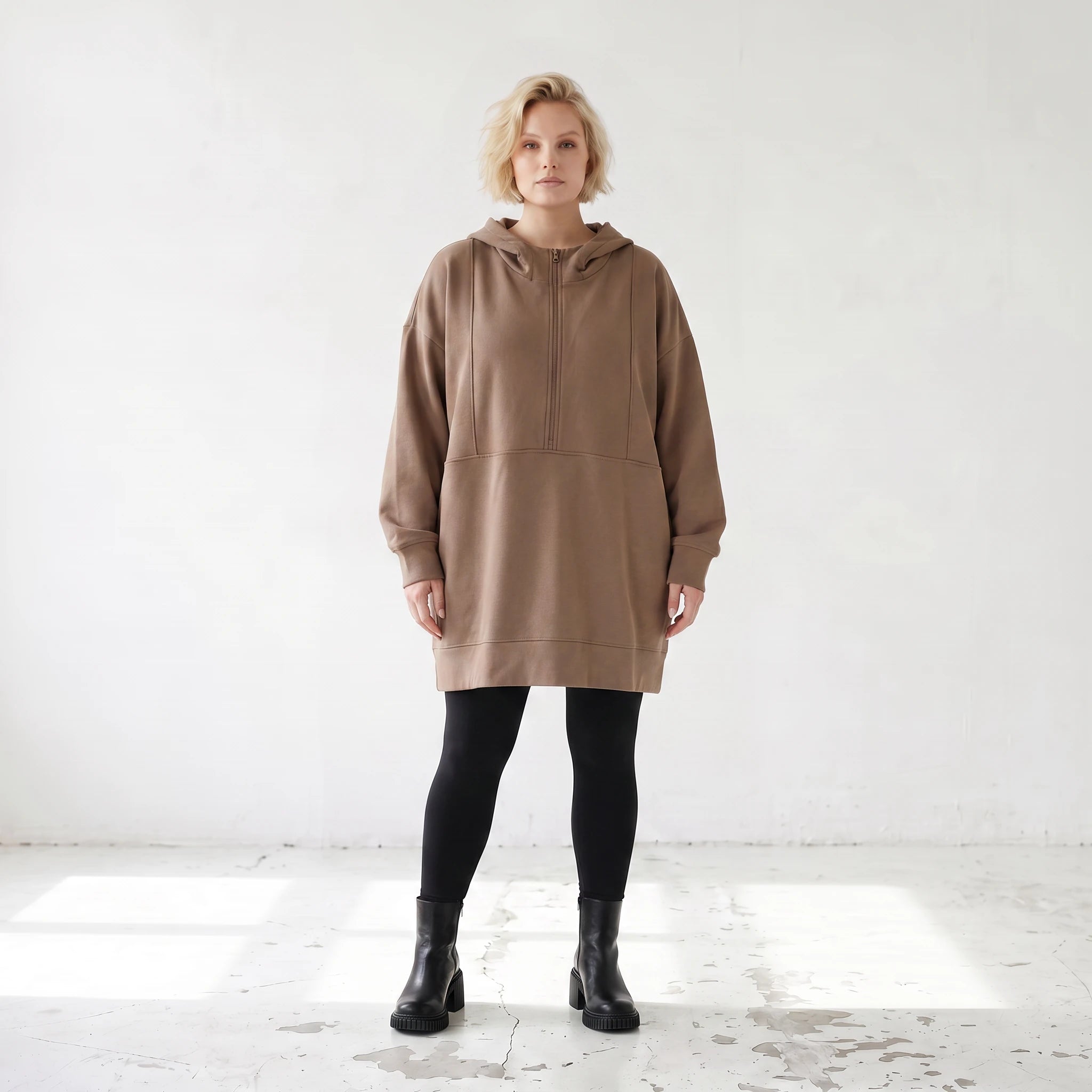 Damen Hoody Lagenlook Baumwolle Braun, gerader Schnitt, Reißverschluss, Oversize große Größen – Rafay