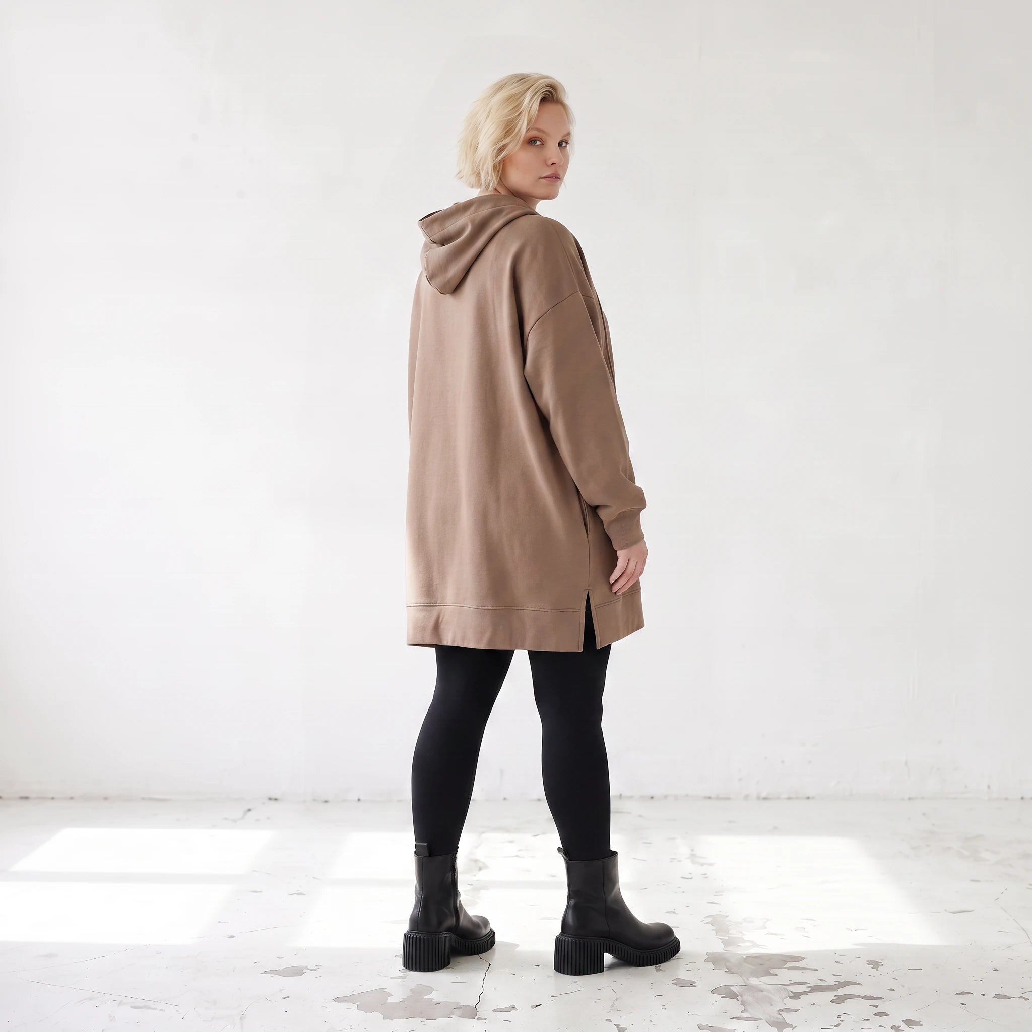 Damen Hoody Lagenlook Baumwolle Braun, gerader Schnitt, Reißverschluss, Oversize große Größen – Rafay