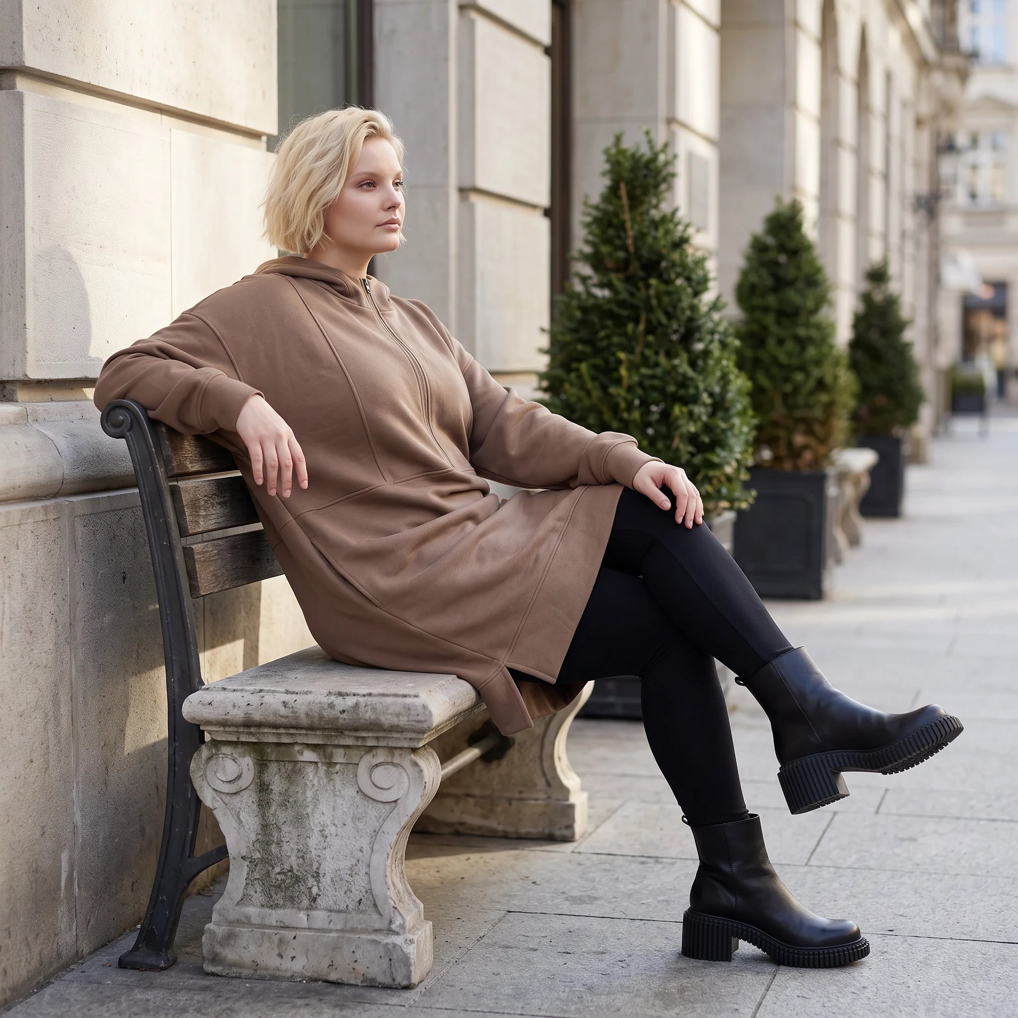 Damen Hoody Lagenlook Baumwolle Braun, gerader Schnitt, Reißverschluss, Oversize große Größen – Rafay