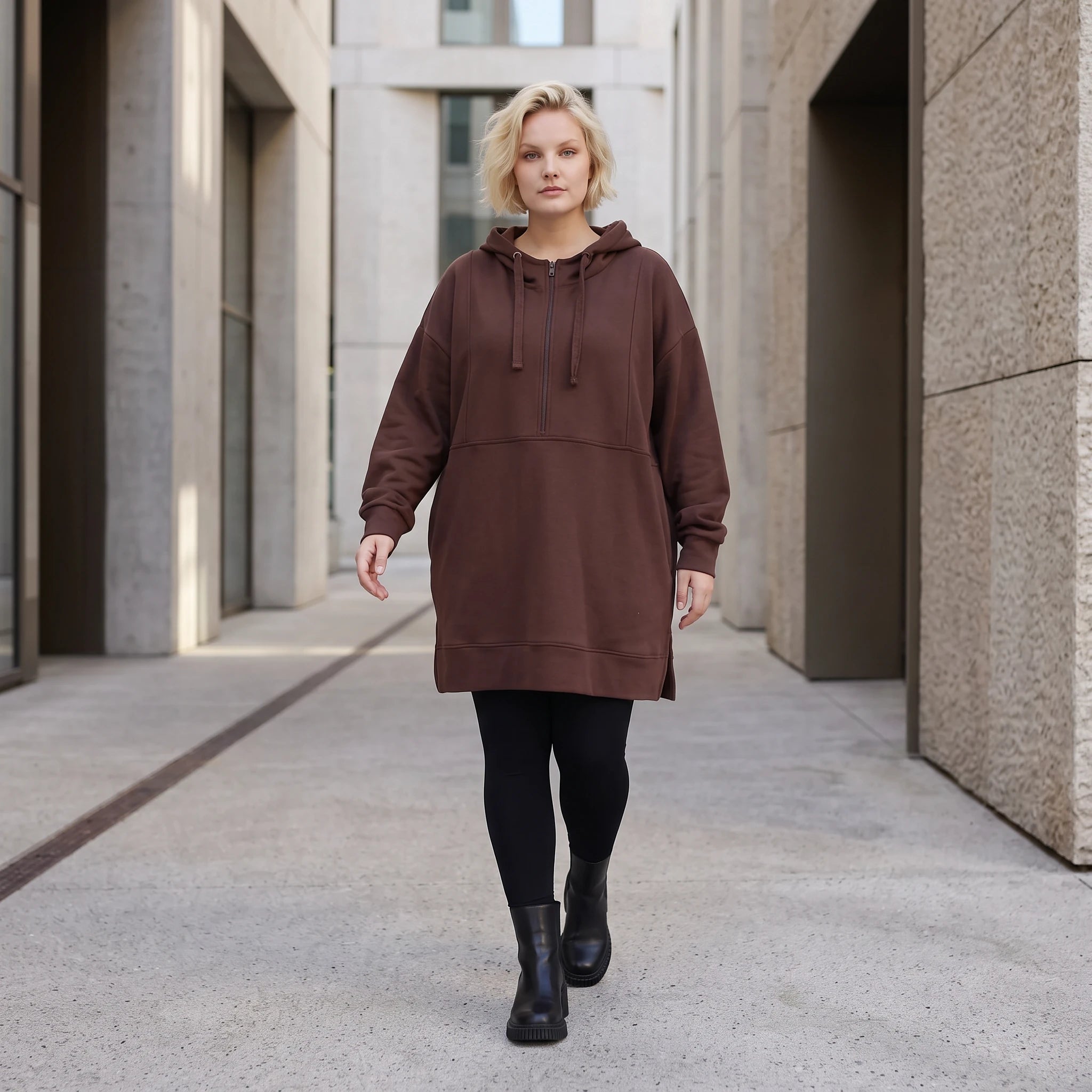 Damen Hoody Lagenlook Baumwolle Braun, gerader Schnitt, Reißverschluss, Oversize große Größen – Rafay