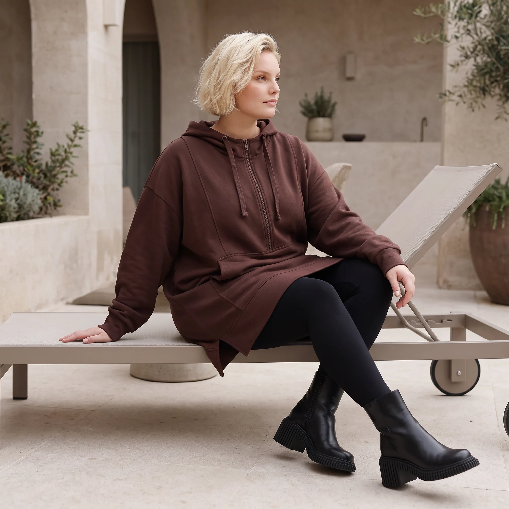 Damen Hoody Lagenlook Baumwolle Braun, gerader Schnitt, Reißverschluss, Oversize große Größen – Rafay