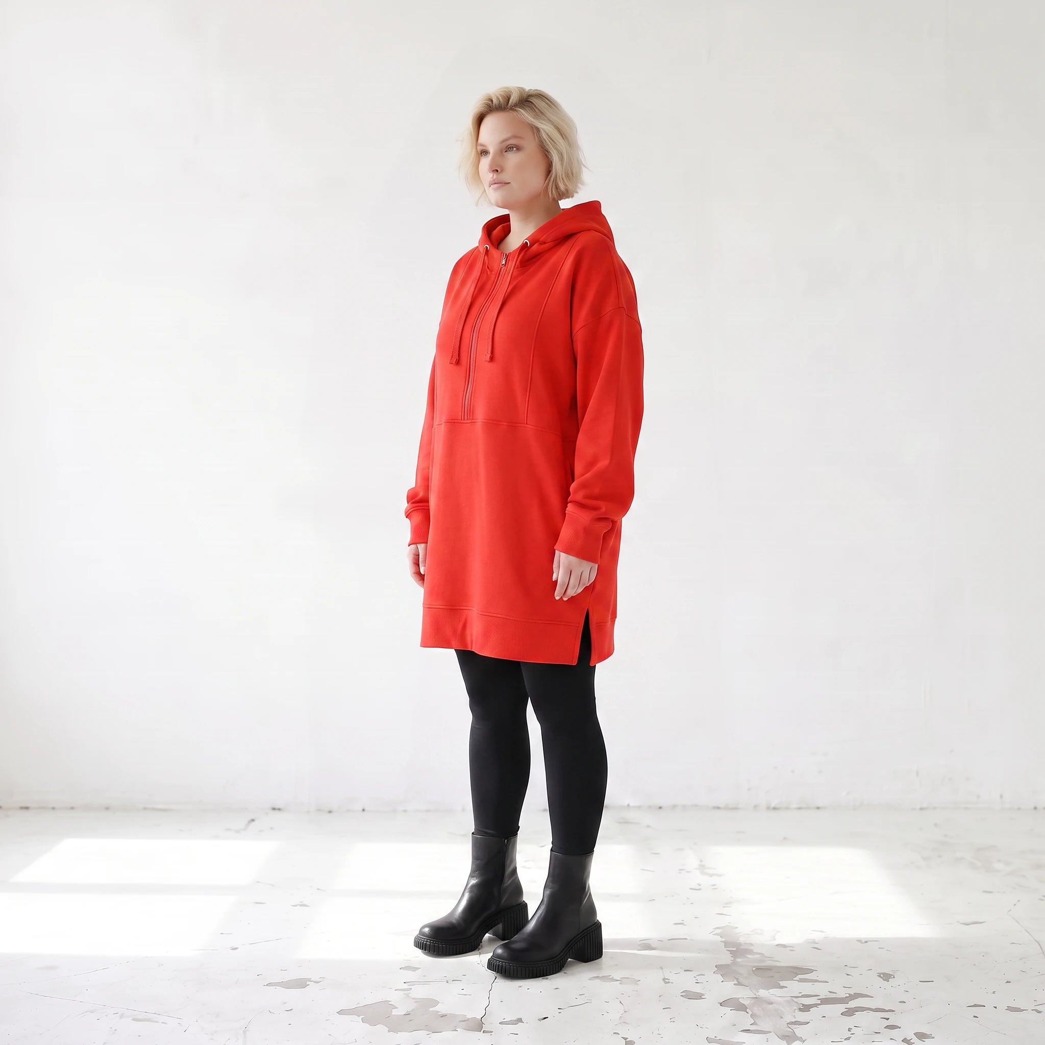 Damen Hoody Lagenlook Baumwolle Rot, gerader Schnitt, Reißverschluss, Oversize große Größen – Rafay