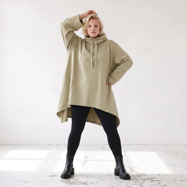 Damen Shirt Lagenlook Baumwolle Beige, Vokuhila, Langarm, Daumenloch, Oversize große Größen – Rafay
