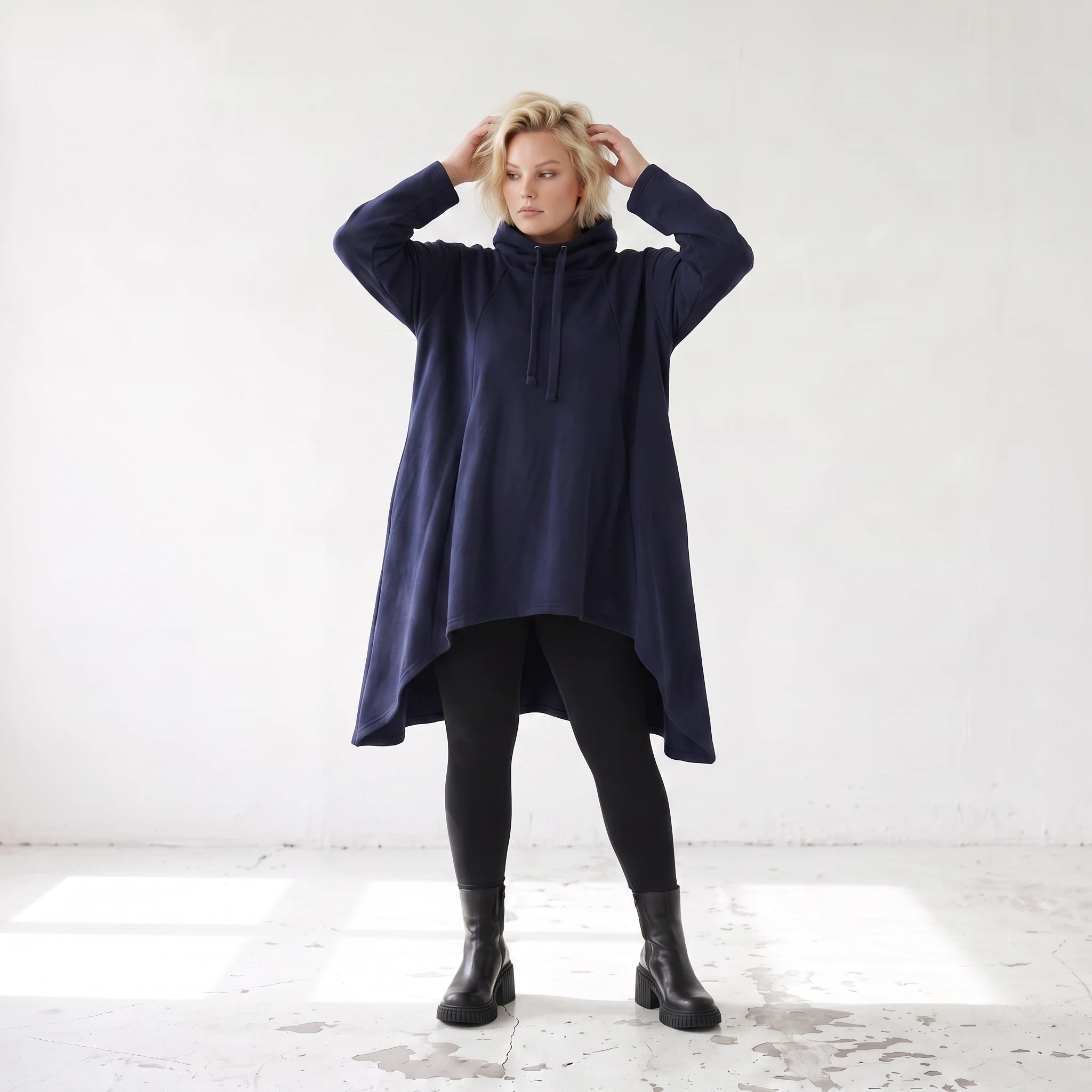 Damen Shirt Lagenlook Baumwolle Dunkelblau, Vokuhila, Langarm, Daumenloch, Oversize große Größen – Rafay
