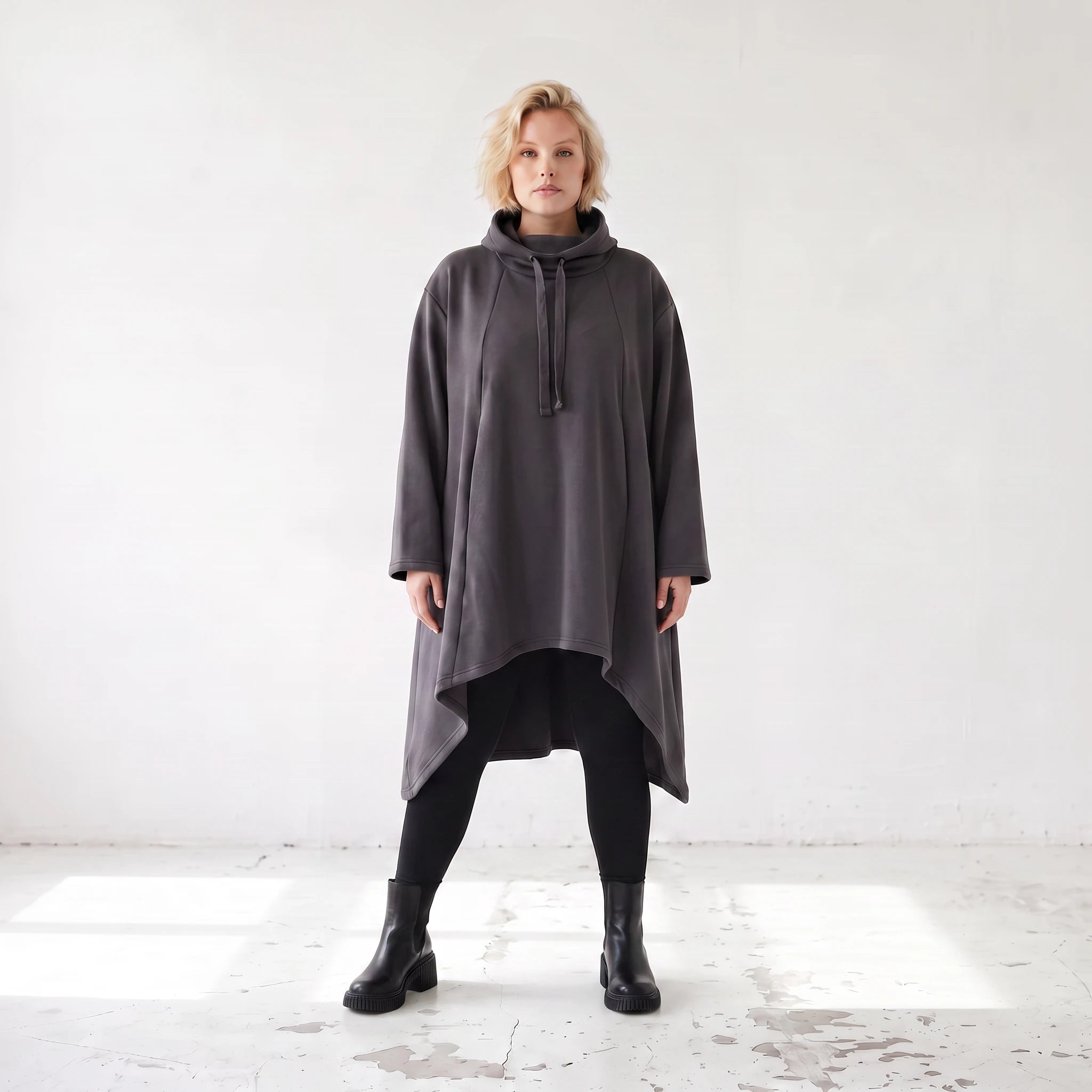 Damen Shirt Lagenlook Baumwolle Dunkelgrau, Vokuhila, Langarm, Daumenloch, Oversize große Größen – Rafay
