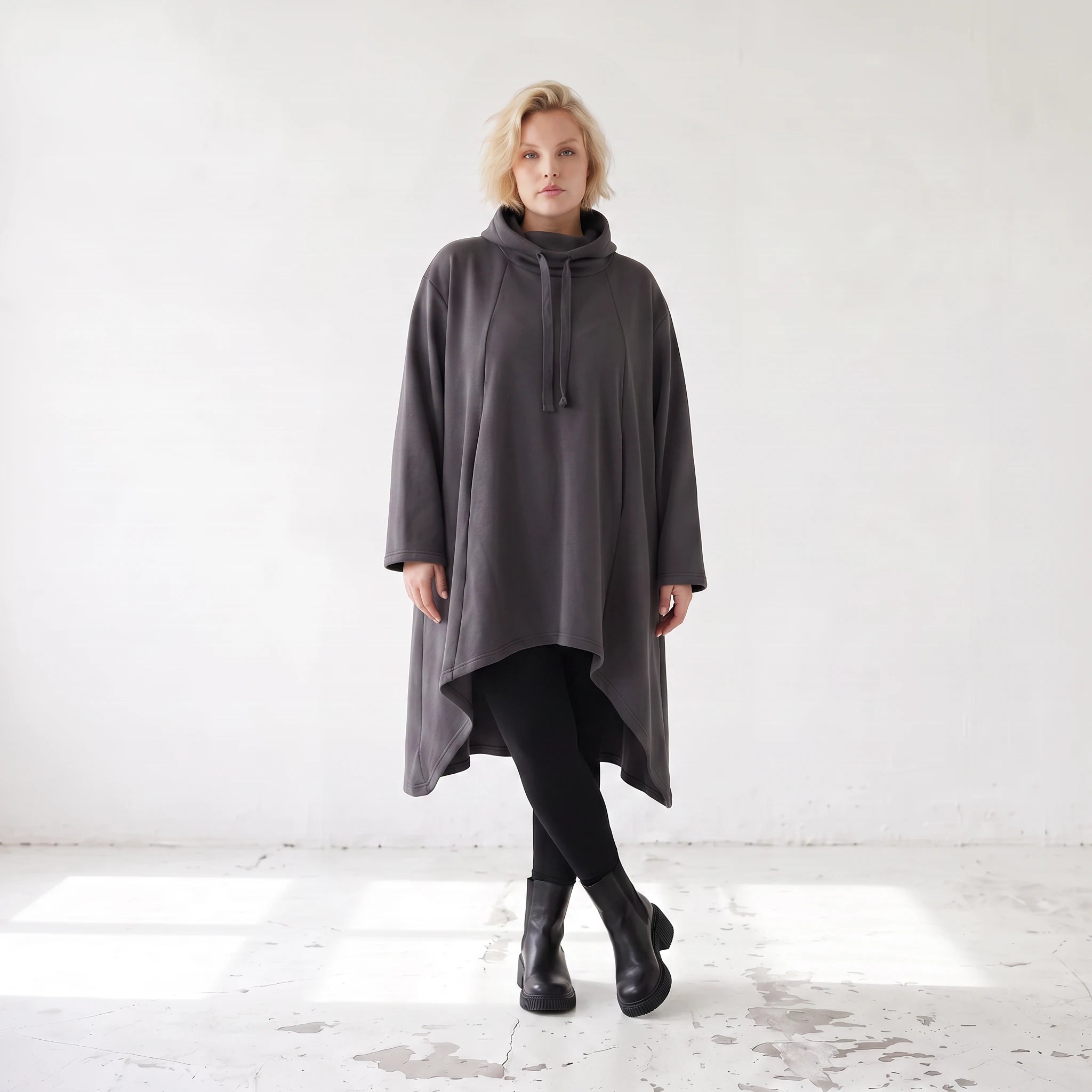 Damen Shirt Lagenlook Baumwolle Dunkelgrau, Vokuhila, Langarm, Daumenloch, Oversize große Größen – Rafay