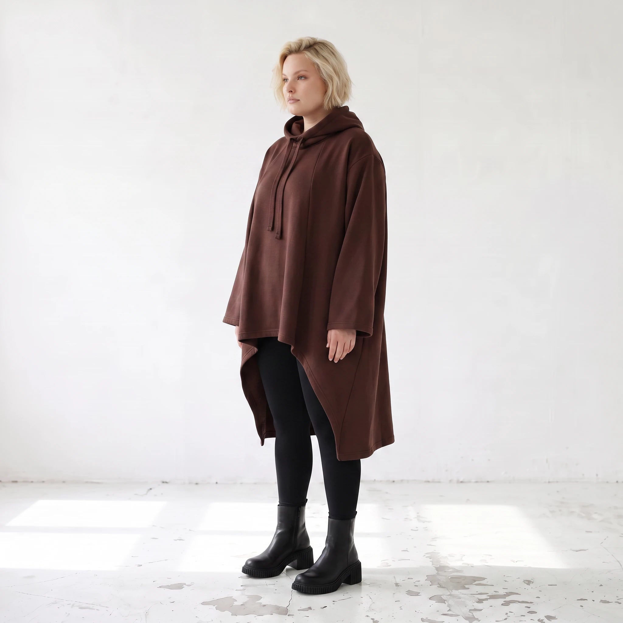 Damen Shirt Lagenlook Baumwolle Schokobraun, Vokuhila, Langarm, Daumenloch, Oversize große Größen – Rafay