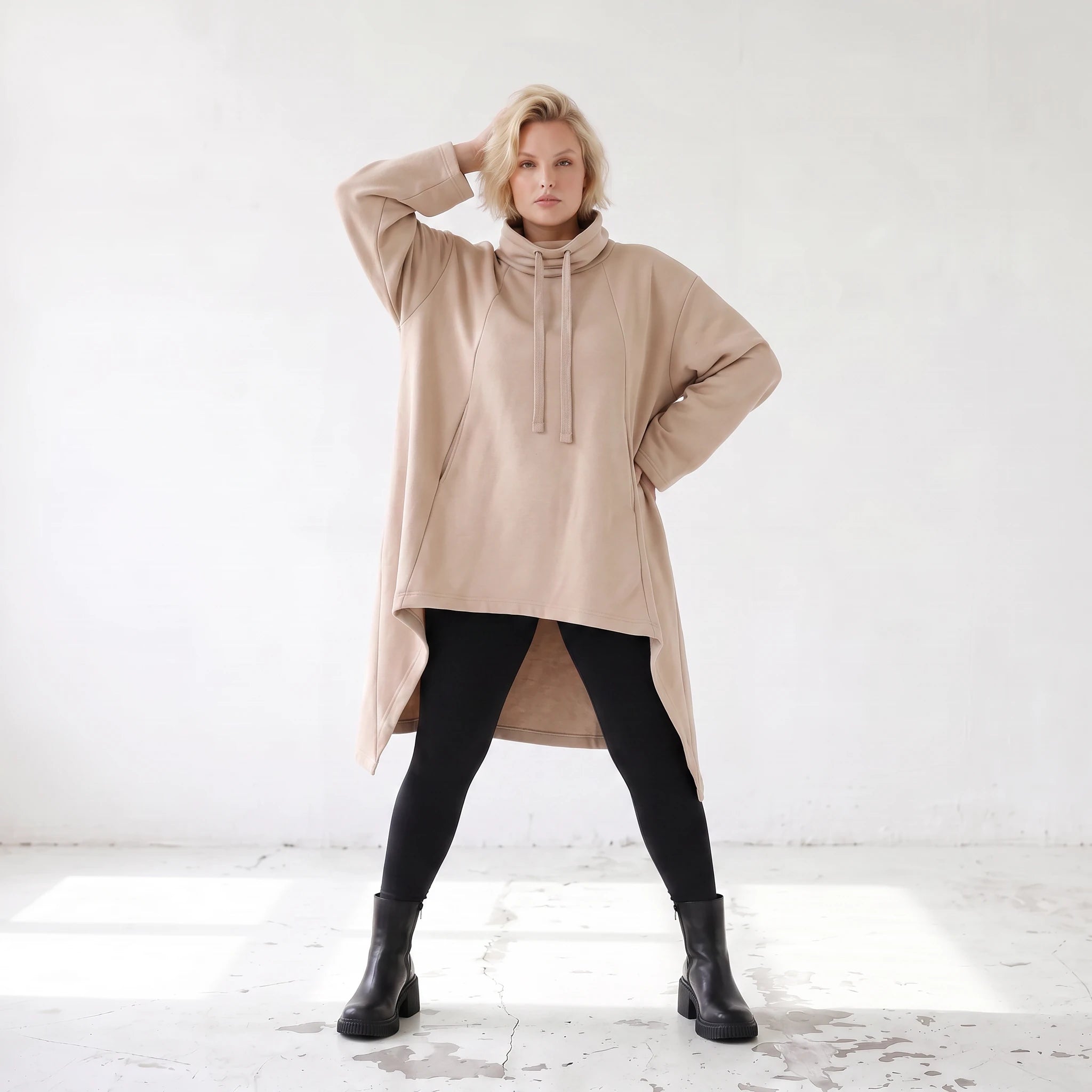 Damen Shirt Lagenlook Baumwolle Sand, Vokuhila, Langarm, Daumenloch, Oversize große Größen – Rafay