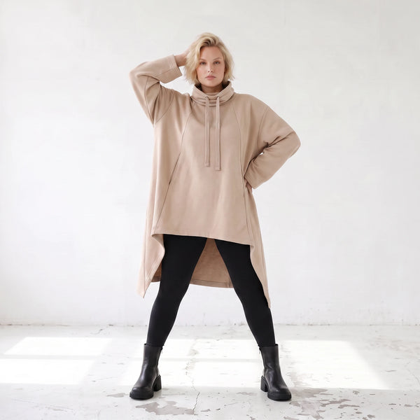 Damen Shirt Lagenlook Baumwolle Sand, Vokuhila, Langarm, Daumenloch, Oversize große Größen – Rafay