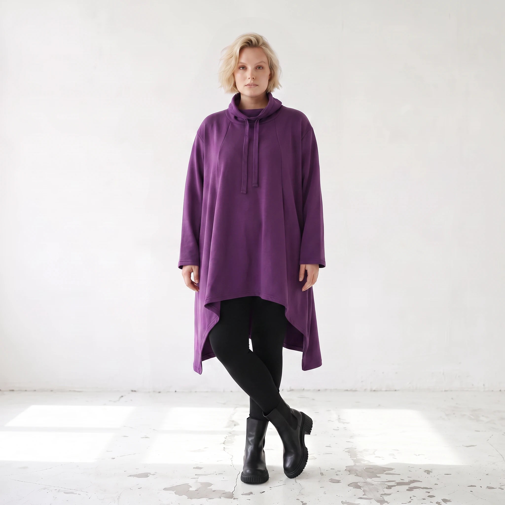 Damen Shirt Lagenlook Baumwolle Lila, Vokuhila, Langarm, Nahttaschen, Oversize große Größen – Rafay
