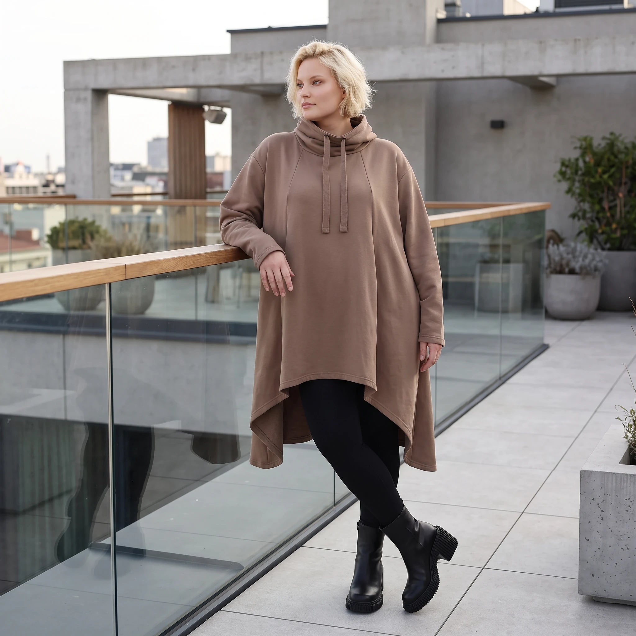 Damen Shirt Lagenlook Baumwolle Braun, Vokuhila, Langarm, Daumenloch, Oversize große Größen – Rafay